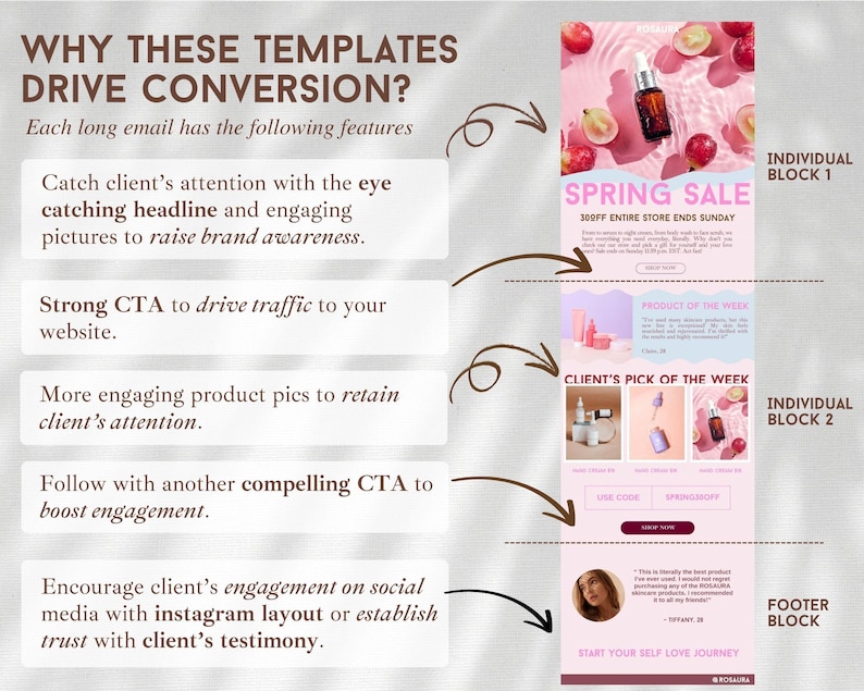 May include: A digital marketing email template infographic featuring text explaining conversion strategies alongside a visual breakdown of email sections including a spring sale header, product blocks, and a customer testimonial footer block.