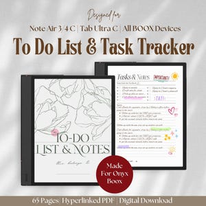 May include: A digital planner for Onyx Boox devices featuring a black and white illustration of stylised flowers with the text "To-Do List & Notes". The planner is designed for Note Air 3/4 C, Tab Ultra C, and all BOOX devices. It includes 65 pages and is a hyperlinked PDF digital download.