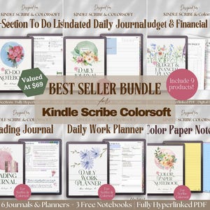 May include: A bundle of digital journals and planners for Kindle Scribe, including a 12-section to-do notebook, daily journal, budget planner, reading journal, and more. The bundle includes 9 products and is fully hyperlinked.