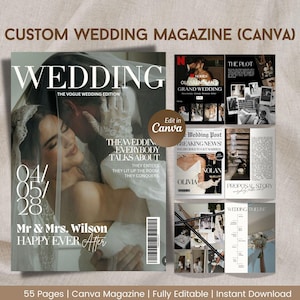 May include: A custom wedding magazine with a cover featuring a couple embracing. The magazine includes the text "WEDDING" and "Mr & Mrs. Wilson HAPPY EVER After". Additional pages showcase wedding-related content. The magazine is fully editable in Canva.