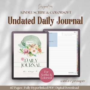 Könnte beinhalten: Ein digitales, undatiertes Tagesjournal für Kindle Scribe und Colorsoft mit einem floralen Cover-Design, das einen grünen Aquarellkreis, ein rosa Band und Blumen zeigt. Die Innenseite enthält einen Monatskalender, Linien und Prompts.