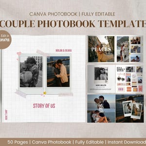 May include: A digital photobook template for Canva featuring a grid layout with multiple photo frames, polaroid-style inserts, and text elements including "Nolan & Olivia," "Story of Us," "Places," "Soulmate," and "It's a Perfect Match" on a grid background.