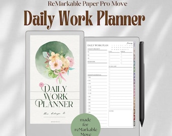May include: A digital daily work planner for the reMarkable Paper Pro Move, featuring a cover with a floral watercolor illustration and the text Daily Work Planner. The interface includes a daily schedule, priority list, and a black stylus pen.