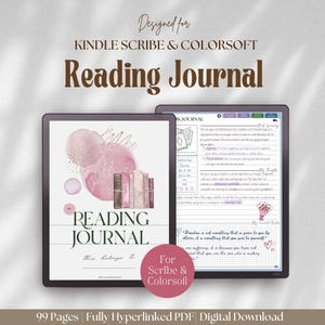May include: A digital reading journal designed for Kindle Scribe and Colorsoft. The cover features a watercolor design with pink and gold accents, and a stack of books. The journal includes 99 pages and is fully hyperlinked.