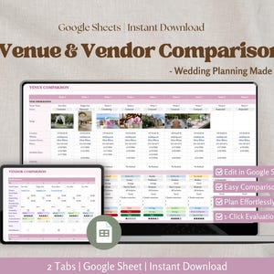 May include: A digital wedding planning tool displayed on a laptop and tablet. The screen shows a comparison chart for venues and vendors. Text includes "Venue & Vendor Comparison" and "Wedding Planning Made Easy!"