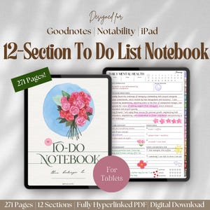 Könnte beinhalten: Digitales 12-Abschnitt To-Do-Listen-Notizbuch für iPad, entworfen für Goodnotes und Notability. Enthält 271 Seiten mit einem vollständig verlinkten PDF. Das Cover hat ein Aquarell-Blumenmuster. Enthält einen Abschnitt zur täglichen psychischen Gesundheit.