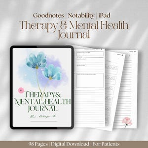 Könnte beinhalten: Ein digitales Tagebuch für Therapie und psychische Gesundheit, mit einem Aquarellhintergrund aus blauen Blumen. Das Tagebuch ist für die Verwendung mit Goodnotes, Notability und iPad konzipiert. Der Text auf dem Cover lautet "My Therapy & Mental Health Journal".