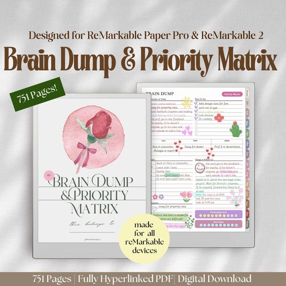 Brain Dump Priority Matrix for ReMarkable Paper Pro & ReMarkable 2: Daily To Do Checklist