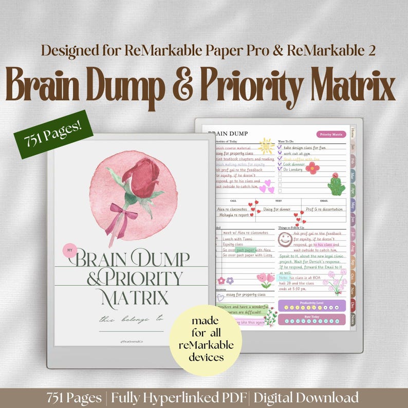 May include: A digital planner for reMarkable Paper Pro and reMarkable 2 devices, titled Brain Dump & Priority Matrix. The cover features a watercolor rose illustration, while the interior page displays task lists, a priority matrix, and icons.