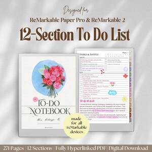 Puede incluir: Un planificador digital de listas de tareas de 12 secciones para dispositivos reMarkable Paper Pro y reMarkable 2. La portada presenta un círculo azul de acuarela con un ramo de rosas rosas y rojas. La página interior muestra una lista de tareas.