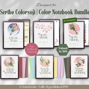 May include: A digital notebook bundle with six notebooks, each featuring floral watercolor designs. The notebooks include "Legal Pad" and "Color Paper Notebook" templates. The bundle is designed for Scribe Colorsoft and includes 30 templates.