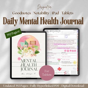 Può includere: Diario digitale giornaliero di salute mentale per tablet, progettato per Goodnotes e Notability. Il diario presenta un design floreale con accenti acquerello rosa e verde. Include 392 pagine non datate ed è completamente ipertestuale.