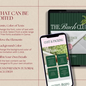 May include: A digital template display featuring a tablet and smartphone showing party invitation and packing list designs. The text reads WHAT CAN BE EDITED, Fonts, Color of Texts, Move the Elements, Background Color, Fill in Your Own Details.