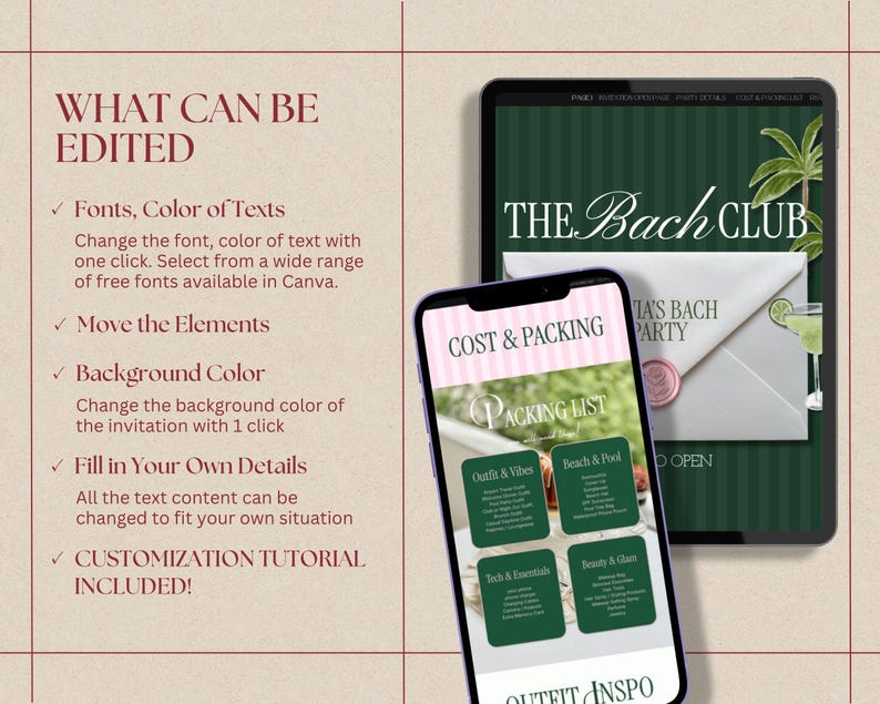 May include: A digital template display featuring a tablet and smartphone showing party invitation and packing list designs. The text reads WHAT CAN BE EDITED, Fonts, Color of Texts, Move the Elements, Background Color, Fill in Your Own Details.
