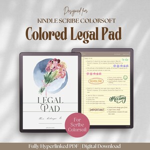 May include: Digital legal pad for Kindle Scribe Colorsoft. The image shows two digital legal pads. One pad has a watercolor floral design and the words "LEGAL PAD". The other pad has a to-do list and the word "Meeting".