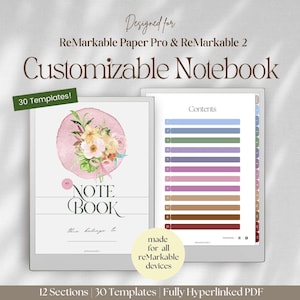 Può includere: Quaderno digitale personalizzabile per ReMarkable Paper Pro & ReMarkable 2. Presenta un design floreale e il testo "NOTE BOOK". Include 30 modelli, 12 sezioni e un PDF completamente ipertestuale. Progettato per tutti i dispositivi reMarkable.