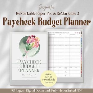 May include: A digital paycheck budget planner for reMarkable Paper Pro and reMarkable 2 devices. The planner features a cover with a watercolor flower bouquet and a monthly budget template page with columns for income, bills, and expenses.