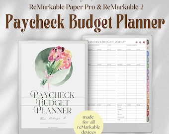 May include: A digital paycheck budget planner for reMarkable Paper Pro and reMarkable 2 devices. The planner features a cover with a watercolor flower bouquet and a monthly budget template page with columns for income, bills, and expenses.