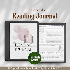 Peut inclure: Un journal de lecture numérique pour Kindle Scribe avec un fond aquarelle rose et le texte "Reading Journal" en noir. Le journal comprend des sections pour les détails du livre, les pensées et les citations préférées. Le texte "99 Pages | Téléchargement instantané | PDF entièrement hyperlié" est en bas de l'image.
