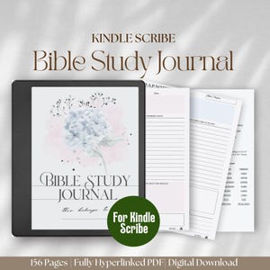 May include: A digital Bible study journal with a watercolor floral design on the cover. The journal is for Kindle Scribe and has 156 pages. The text on the cover reads "Bible Study Journal" and "This belongs to..."