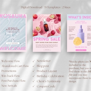May include: A set of 35 digital templates for social media marketing featuring pink text and graphics. The designs include a welcome page, a spring sale announcement with a serum bottle and grapes, and an ingredient breakdown for anti-aging serum.