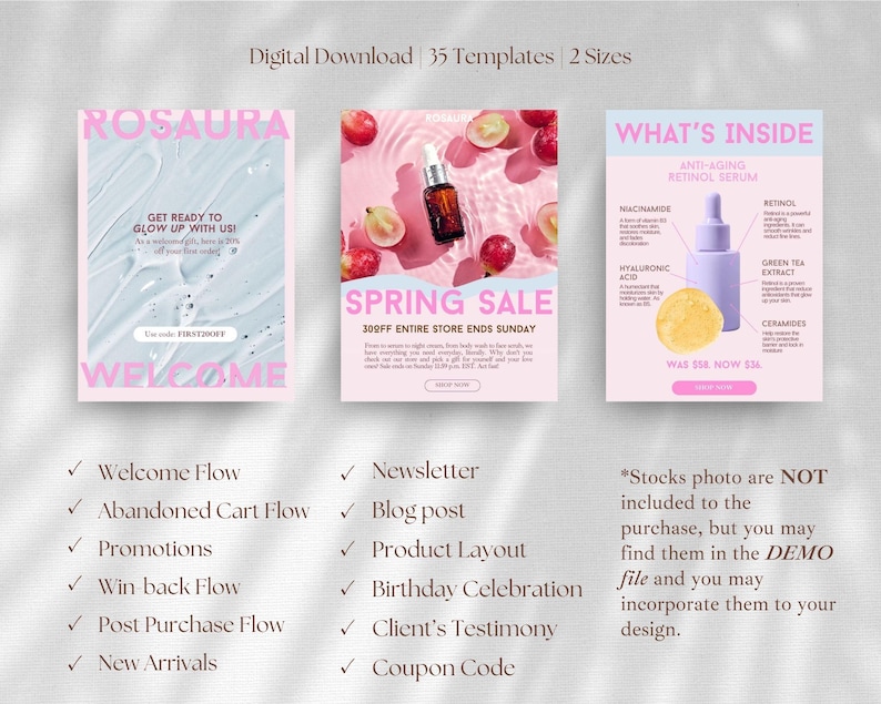 May include: A set of 35 digital templates for social media marketing featuring pink text and graphics. The designs include a welcome page, a spring sale announcement with a serum bottle and grapes, and an ingredient breakdown for anti-aging serum.