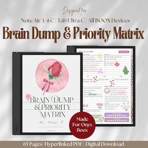 Könnte beinhalten: Ein digitaler Planer mit einem rosafarbenen Aquarell-Rosen-Design. Der Planer trägt den Titel "Brain Dump & Priority Matrix". Der Text "Made for Onyx Boox" ist ebenfalls sichtbar. Der Planer ist für Note Air 3/4 C, Tab Ultra C und alle BOOX-Geräte konzipiert.