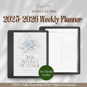 May include: Two digital planners for Kindle Scribe. The first features a watercolour floral design with the text "2026 Weekly Planner." The second shows a weekly plan layout. The text "2025-2026 Weekly Planner" is at the top. The green circle says "For Kindle Scribe."
