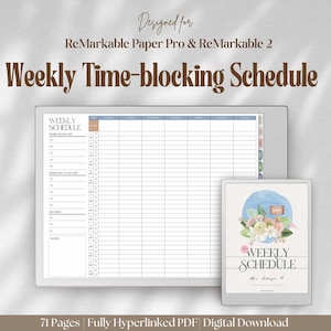 Może przedstawiać: Cyfrowy tygodniowy harmonogram blokowania czasu przeznaczony dla ReMarkable Paper Pro i ReMarkable 2. Obraz przedstawia cyfrowy planer z układem siatki do planowania oraz mniejszy obraz okładki z ilustracjami kwiatowymi. Tekst zawiera "Weekly Schedule".