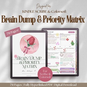 May include: A digital planner for Kindle Scribe and Colorsoft featuring a Brain Dump and Priority Matrix. The cover displays a watercolor rose and the title text. The interior page includes task lists, a priority matrix, and 751 pages total.