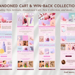 May include: A digital marketing collection featuring four vertical email templates with pink and purple color schemes. The text includes Abandoned Cart & Win-Back Collection, New Arrivals, and various product descriptions for skincare items.