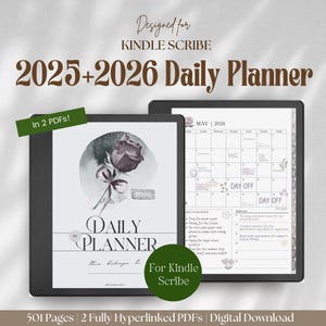 Könnte beinhalten: Ein digitaler Tagesplaner für Kindle Scribe mit einem Aquarell-Rosenmotiv. Der Planer umfasst die Jahre 2025 und 2026 und enthält 501 Seiten in zwei vollständig verlinkten PDFs. Das Bild zeigt eine Nahaufnahme des Planer-Covers und eine Beispielseite mit einem Monatskalender und einem Tagesplaner-Bereich.