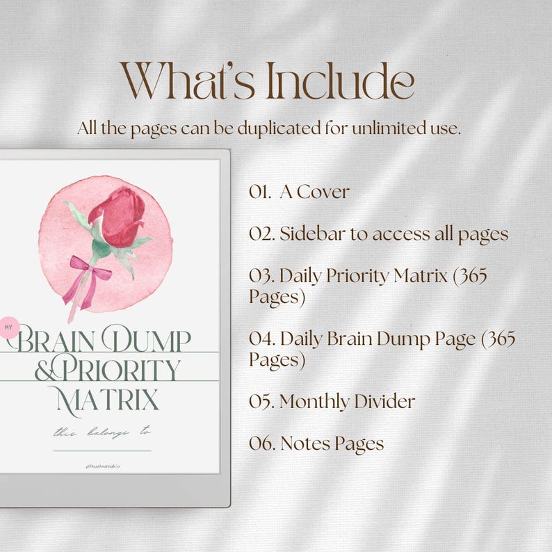 May include: A digital planner cover titled Brain Dump & Priority Matrix featuring a watercolor red rose on a pink circle. The text lists contents including a cover, sidebar, daily priority matrix, daily brain dump page, monthly divider, and notes pages.
