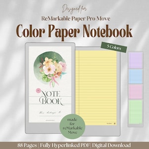 Puede incluir: Cuaderno digital para ReMarkable Paper Pro Move con diseño floral y páginas rayadas. El cuaderno presenta un diseño floral en acuarela y está disponible en 5 colores. El cuaderno tiene 88 páginas y está totalmente hipervinculado.