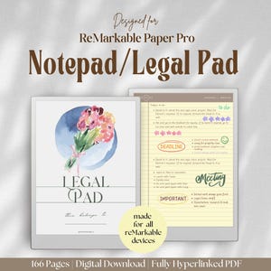 May include: A digital notepad and legal pad template designed for reMarkable Paper Pro devices. The file features a cover with a watercolor flower bouquet and a lined interior page with to-do lists, meeting notes, and handwritten text elements.