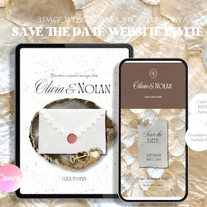 May include: A 3-page website template for a save the date invitation displayed on a tablet and smartphone. The design features text reading Olivia & Nolan, Save the Date, and Saturday May 17, 2030, alongside graphics of a white envelope with a red wax seal.