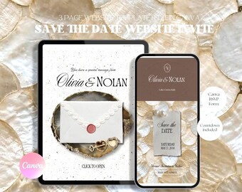May include: A 3-page website template for a save the date invitation displayed on a tablet and smartphone. The design features text reading Olivia & Nolan, Save the Date, and Saturday May 17, 2030, alongside graphics of a white envelope with a red wax seal.