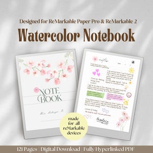 Pode incluir: Caderno de aquarela projetado para os tablets ReMarkable Paper Pro e ReMarkable 2. O caderno tem 121 páginas e é um download digital. A capa apresenta uma ilustração de aquarela de flores de cerejeira rosa. O caderno inclui o texto "NOTE BOOK" e "This belongs to".