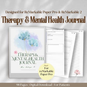 Może przedstawiać: Cyfrowy dziennik do terapii i zdrowia psychicznego, zaprojektowany dla tabletu Remarkable Paper Pro. Okładka przedstawia akwarelową ilustrację niebieskich kwiatów na jasnoniebieskim tle. Tytuł "Therapy & Mental Health Journal" jest napisany brązowym tekstem. Dziennik ma 98 stron i jest dostępny w formie cyfrowego pobrania.