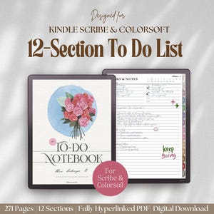 May include: Digital to-do notebook for Kindle Scribe and Colorsoft. The cover features a watercolor bouquet of pink roses on a blue circle. The notebook has 12 sections and 271 pages. The text says "Keep going."