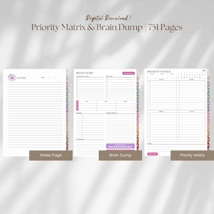May include: A digital download planner set featuring 751 pages with three distinct layouts: a lined notes page with a floral icon, a brain dump page with task lists and tracking sections, and a priority matrix page with a calendar and grid.