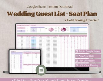 Wedding Guest List Google Sheets: RSVP Tracker, Seating Plan & Hotel Management Spreadsheet