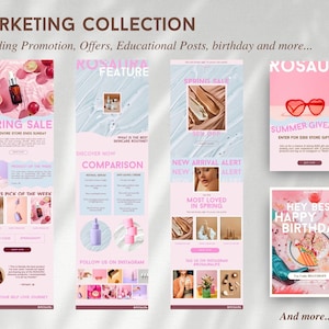 May include: A collection of digital marketing templates for a skincare brand named Rosaura, featuring various layouts with pink and blue color schemes, product photography, promotional text, giveaway announcements, and birthday greetings.