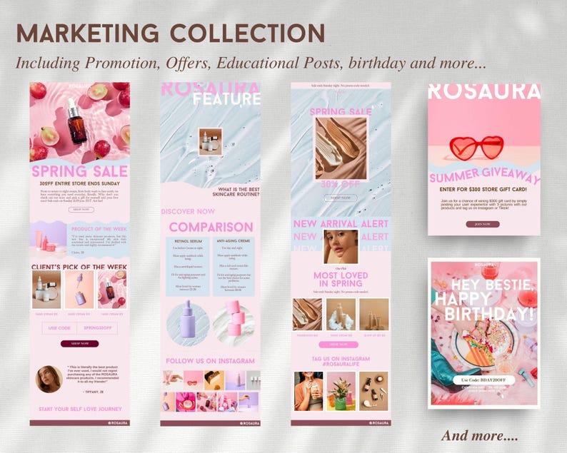 May include: A collection of digital marketing templates for a skincare brand named Rosaura, featuring various layouts with pink and blue color schemes, product photography, promotional text, giveaway announcements, and birthday greetings.