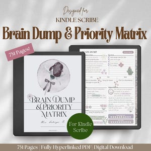 Puede incluir: Dos tabletas Kindle Scribe que muestran un planificador digital "Brain Dump & Priority Matrix". El planificador presenta una rosa de acuarela y una lista de tareas. El texto incluye "Designed for Kindle Scribe" y "751 Pages!"