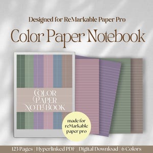 Puede incluir: Un cuaderno digital para la tableta Remarkable Paper Pro. La portada presenta el texto "Color Paper Notebook" en color marrón. El cuaderno incluye 123 páginas de papel rayado en seis colores diferentes: verde, morado, rosa, azul, marrón y gris. El texto "made for reMarkable paper pro" se encuentra en la esquina inferior derecha de la portada.