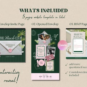 May include: A 5-page website template featuring a dark green theme with pink accents. It includes an envelope invite page, an opened envelope with photos, and an RSVP page. Text includes "WHATS INCLUDED", "THE BACH CLUB", "READY TO CELEBRATE?", and a countdown timer.