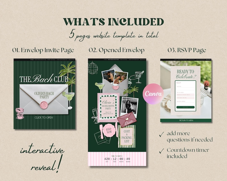 May include: A 5-page website template featuring a dark green theme with pink accents. It includes an envelope invite page, an opened envelope with photos, and an RSVP page. Text includes "WHATS INCLUDED", "THE BACH CLUB", "READY TO CELEBRATE?", and a countdown timer.