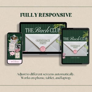 May include: A digital display showing a website titled THE BACH CLUB on a laptop, tablet, and smartphone. The screen features a white envelope with a pink wax seal labeled OLIVIA'S BACH PARTY. Text reads FULLY RESPONSIVE and Adjust to different screens.