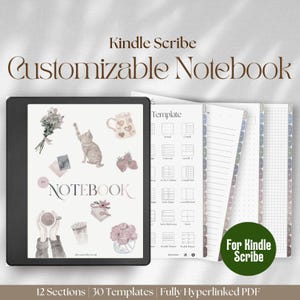 May include: A digital notebook for Kindle Scribe with 12 sections and 30 templates. The notebook has a watercolor design with a cat, flowers, and a cup of coffee. The text "My Notebook" is written in pink on the cover. The notebook is fully hyperlinked and comes in a PDF format.